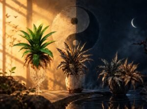 Художествена фотография с последваща обработка, представяща концепцията за Ин и Ян чрез прехода между деня и нощта. Композицията показва три корони от ананас, поставени в различни съдове, които се променят от свежо зелено на слънчева светлина (вляво) до сухи, тъмни нюанси под нощно небе с полумесец (вдясно). На заден план е изобразен символът Ин и Ян, обединяващ светлината и тъмнината като метафора за съзнателното и несъзнаваното.